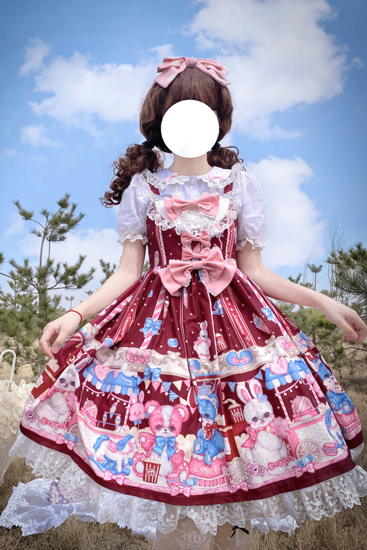Wine Red Doll Playground Print Ruffle Bowknot Sweet Lolita Jsk Dress