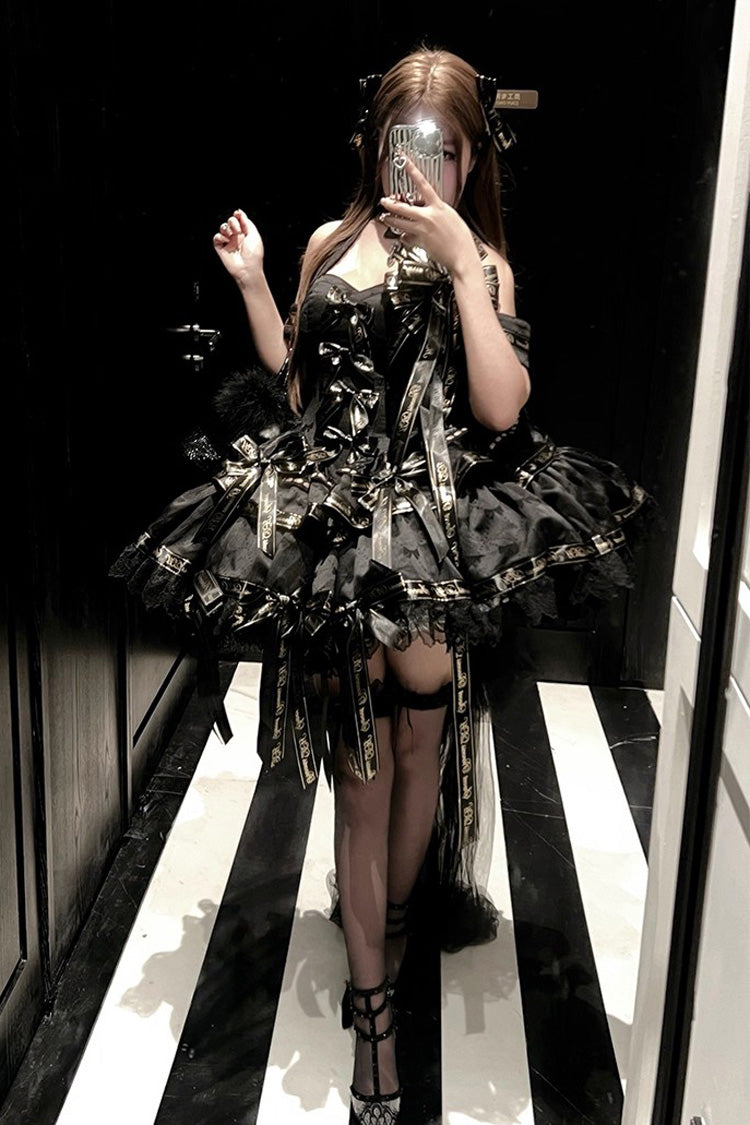Black Young Lady Halterneck Sleeveless Multi-Layered Ruffle Bowknot Elegant Princess Gothic Lolita Dress