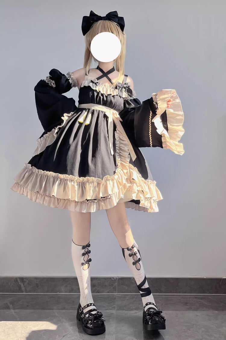 Black Monet Estate Sleeveless High Waisted Ruffle Bowknot Asymmetric Gothic Lolita Jsk Dress