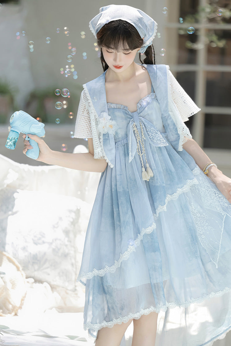 Blue Clouds Resting in the Wilderness Print Ruffle Embroidery Bowknot Lace Irregular Lolita Jsk Dress