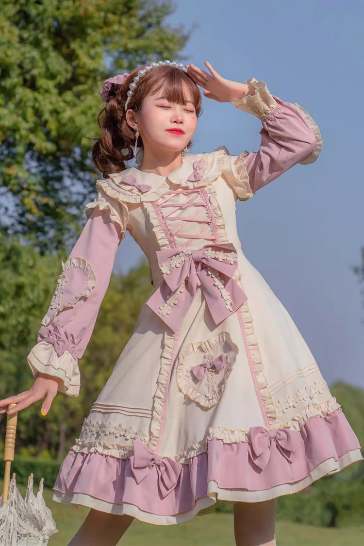Pink/White Little Florist Long Sleeves Ruffle Bowknot Lace-Up Sweet Plus Size Princess Lolita Dress