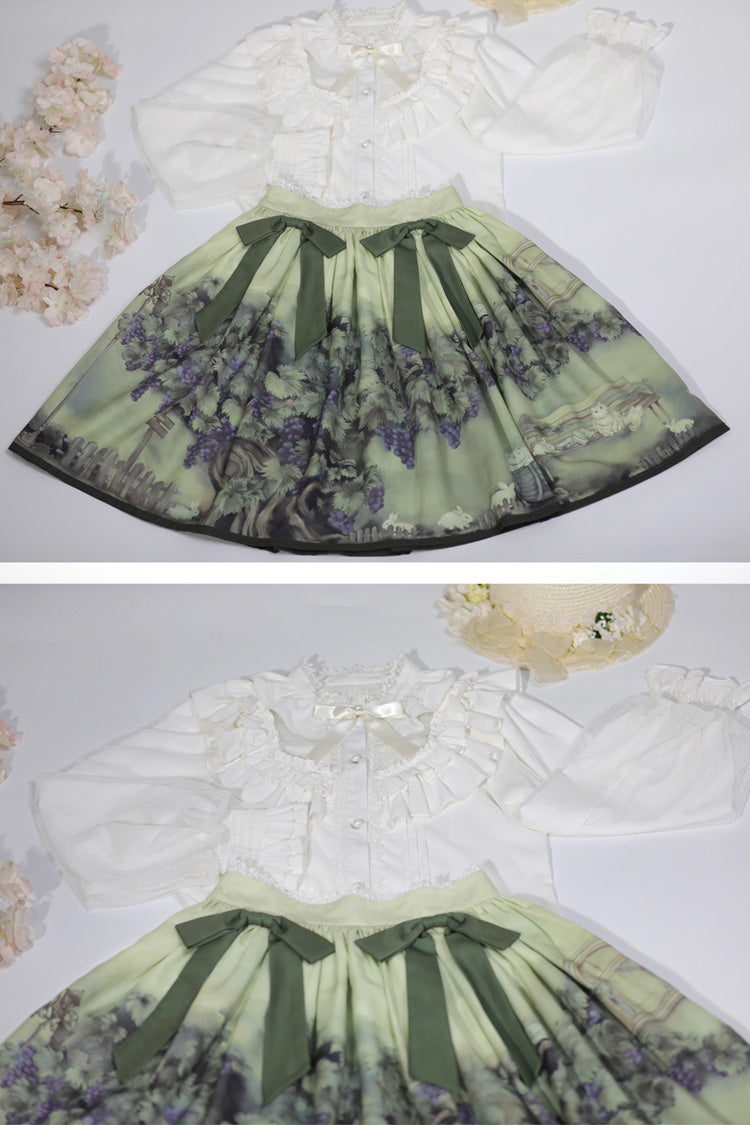 Green Grapes and Vines Print Bowknot Lolita Skirt