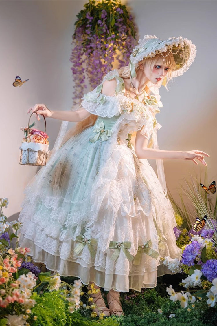 Green Glazed Phantom Off Shoulder Ruffle Hanayome Bowknot Lace Sweet Elegant Lolita Dress