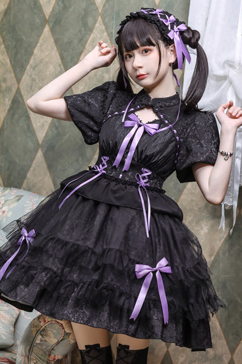 Stand Collar One Button Bubble Short Sleeve Lace Hem Sweet Lolita Dress