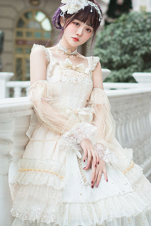 White Starry Night Square Collar Bowknot Multi-Layer Ruffled Cardigan Sweet Lolita JSK Dress