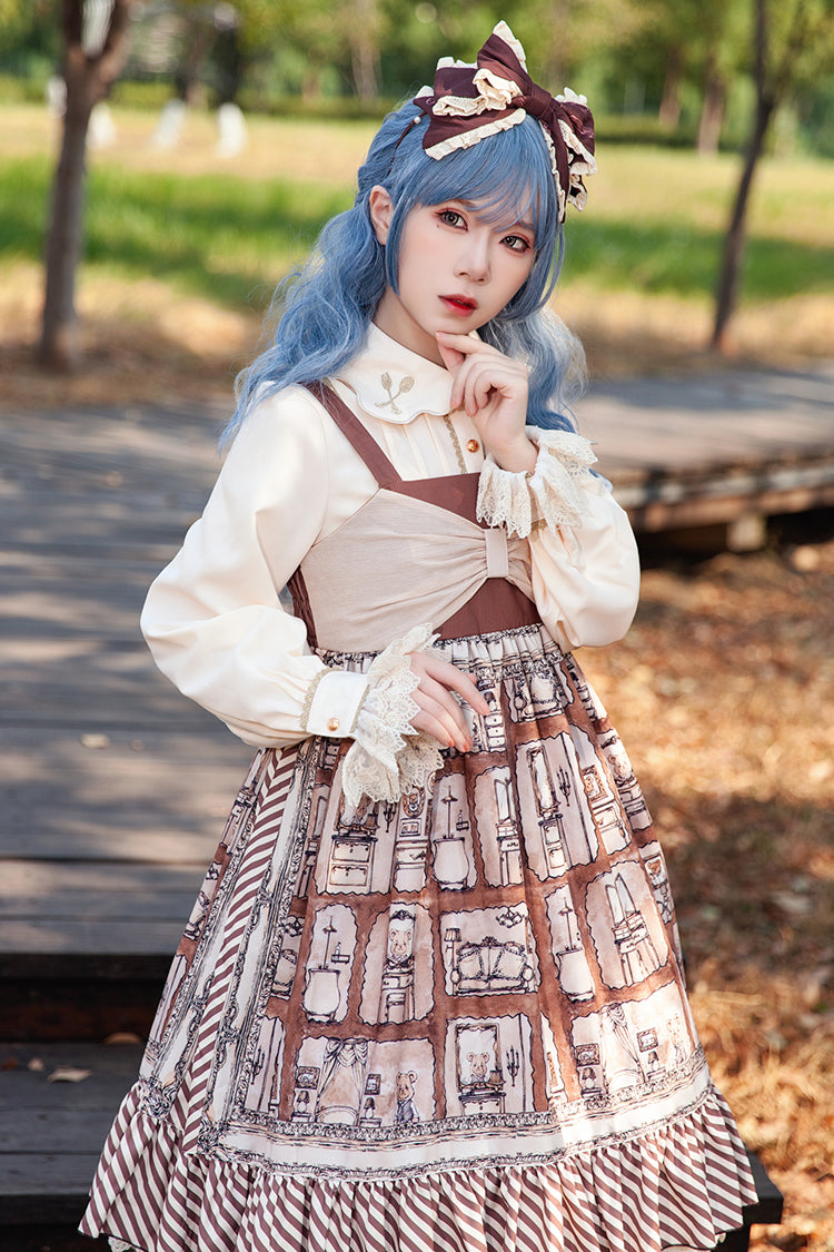 Brown Underground Bear Print Ruffle Bowknot Sweet Lolita Dress