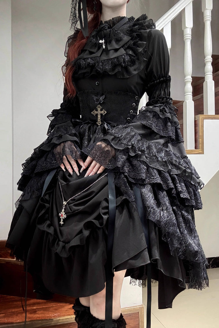Black Eternal Taboo Long Hime Sleeves Ruffled Bow Gothic Lolita Skirt Dress Set