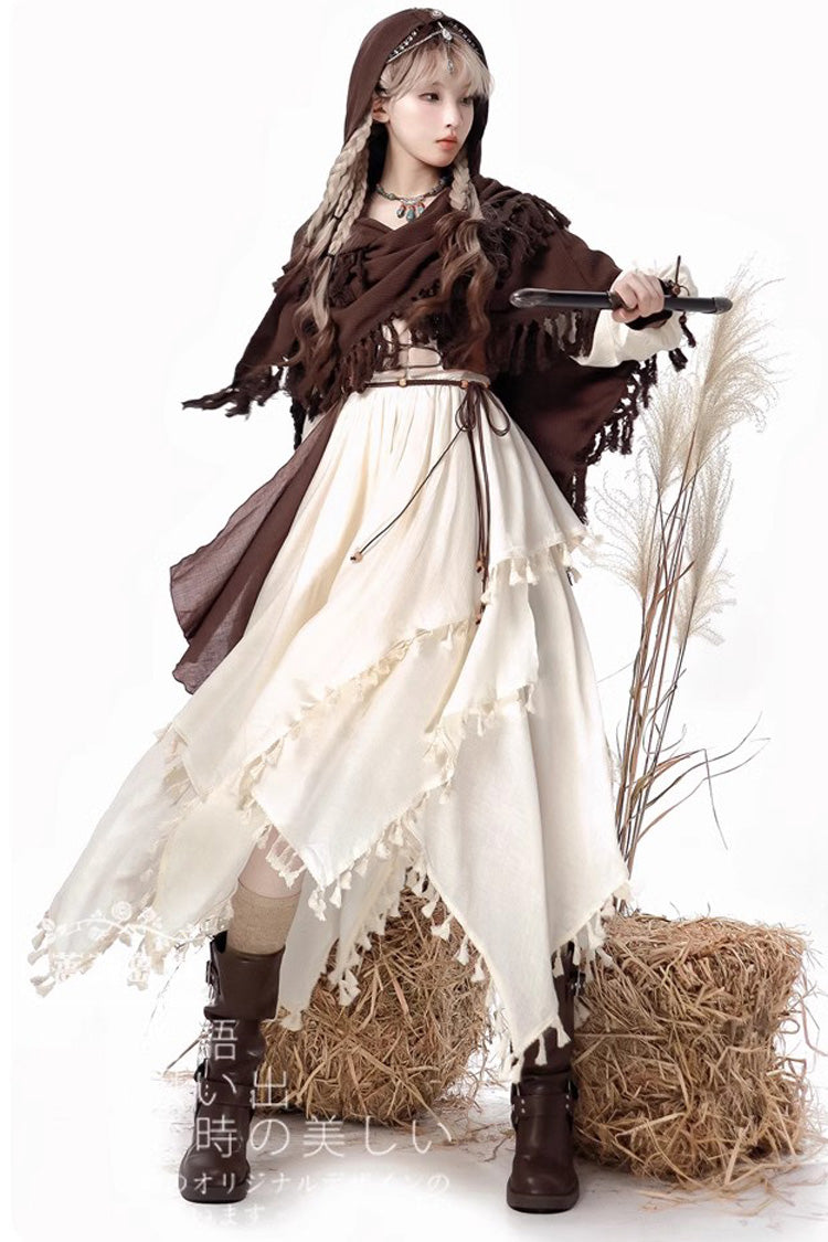 White/Brown Wandering Witch Cloak Long Sleeves Daily Irregular Lolita Dress