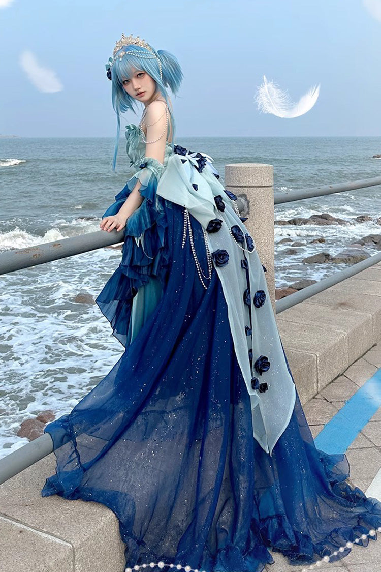 Undersea Blue Swan Wonderland Embroidery Bowknot Lace-Up Short Front Long Back Irregular Sweet Ballet Lolita Jsk Dress