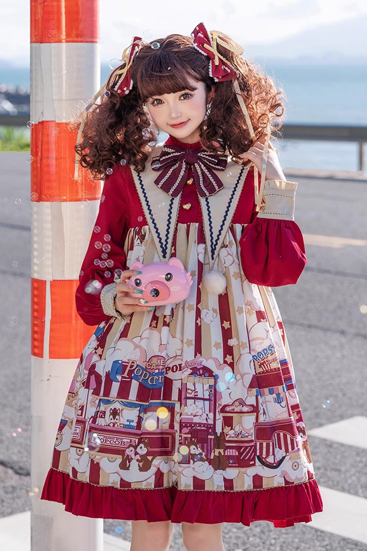 Red Long Sleeves Squirrel Popcorn Print Bowknot Sweet Lolita Dress