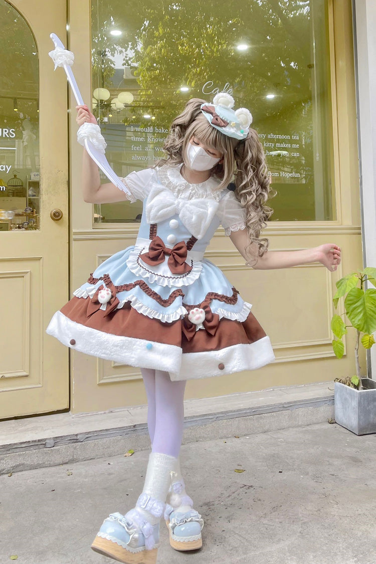 Blue/Brown Cream Snow Cat Winter Ruffle Bowknot Sweet Lolita Jsk Dress