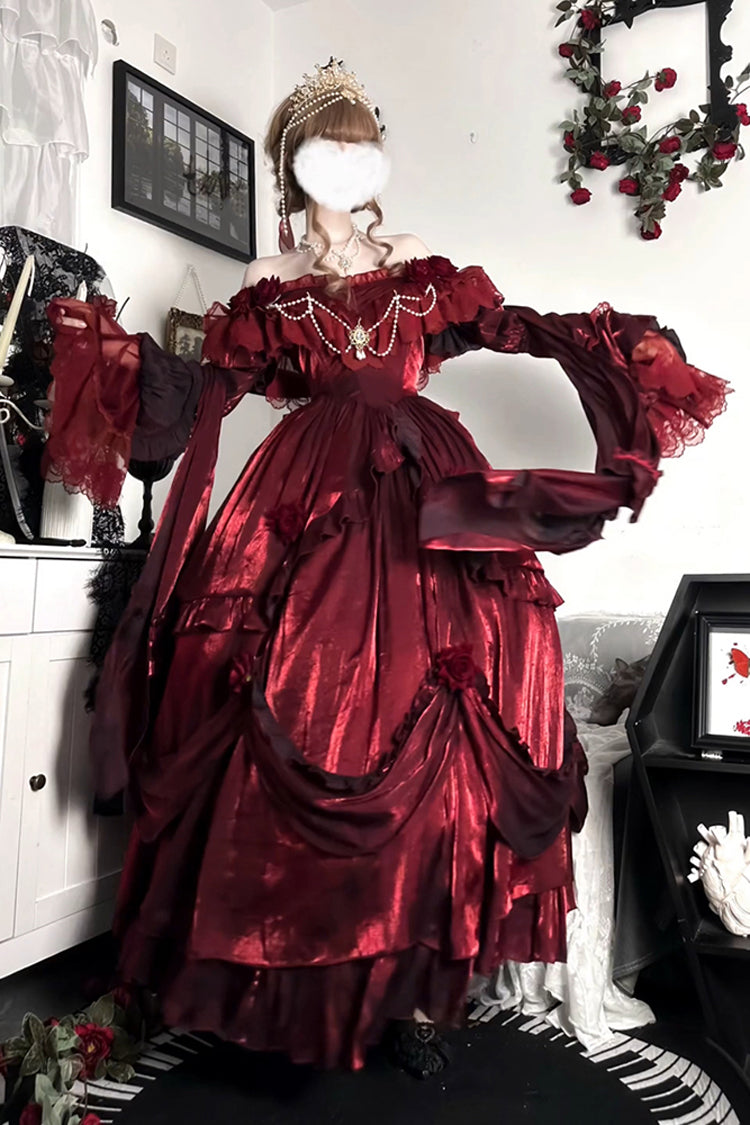 Red Tana Manor Rose Flower Long Sleeves Ruffle Bowknot Elegant Gothic Princess Lolita Strapless Dress