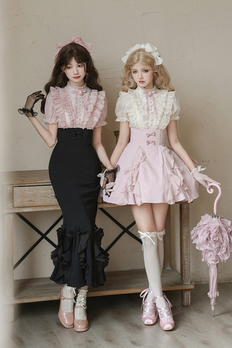 Pink/Apricot Miss Lola Stand Collar Short Sleeves Ruffle Bowknot Sweet Lolita Dress