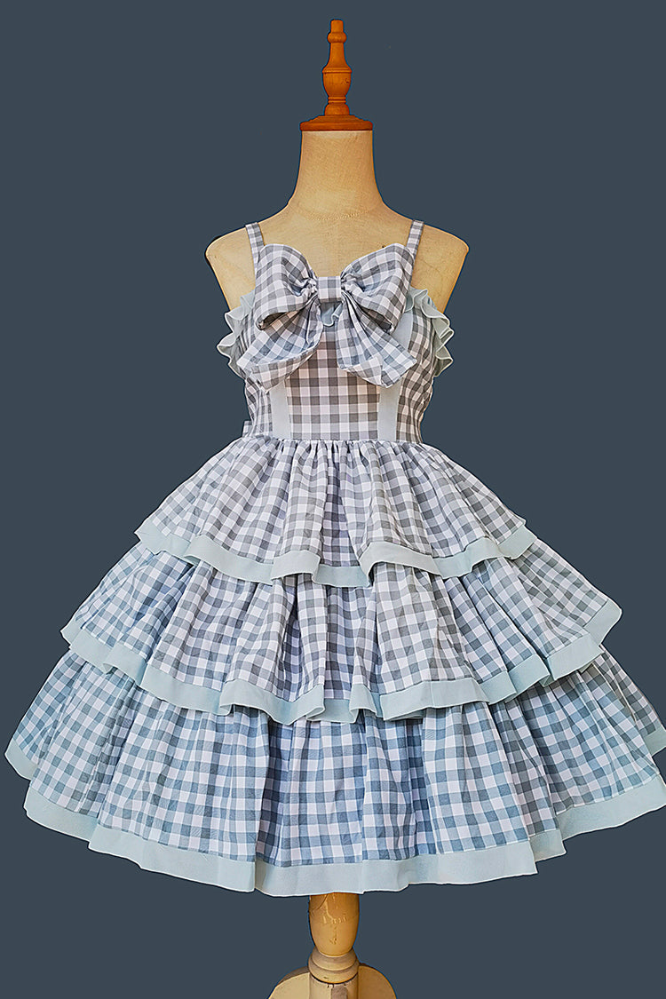 Blue Cloth Cat Triple-Layered Plaid Print Ruffle Bowknot Sweet Lolita Dress 2 Colors