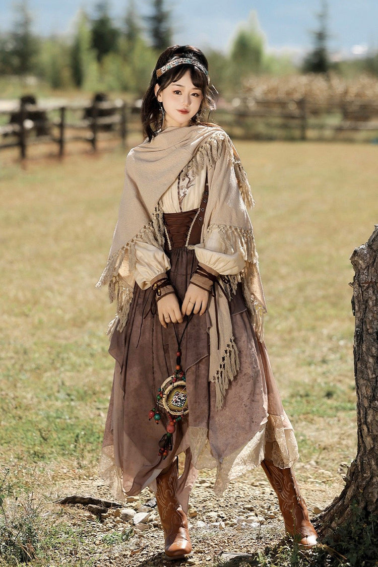 Brown Round Collar High Waisted Irregular Women's Handsome Lolita Jsk Dress Set