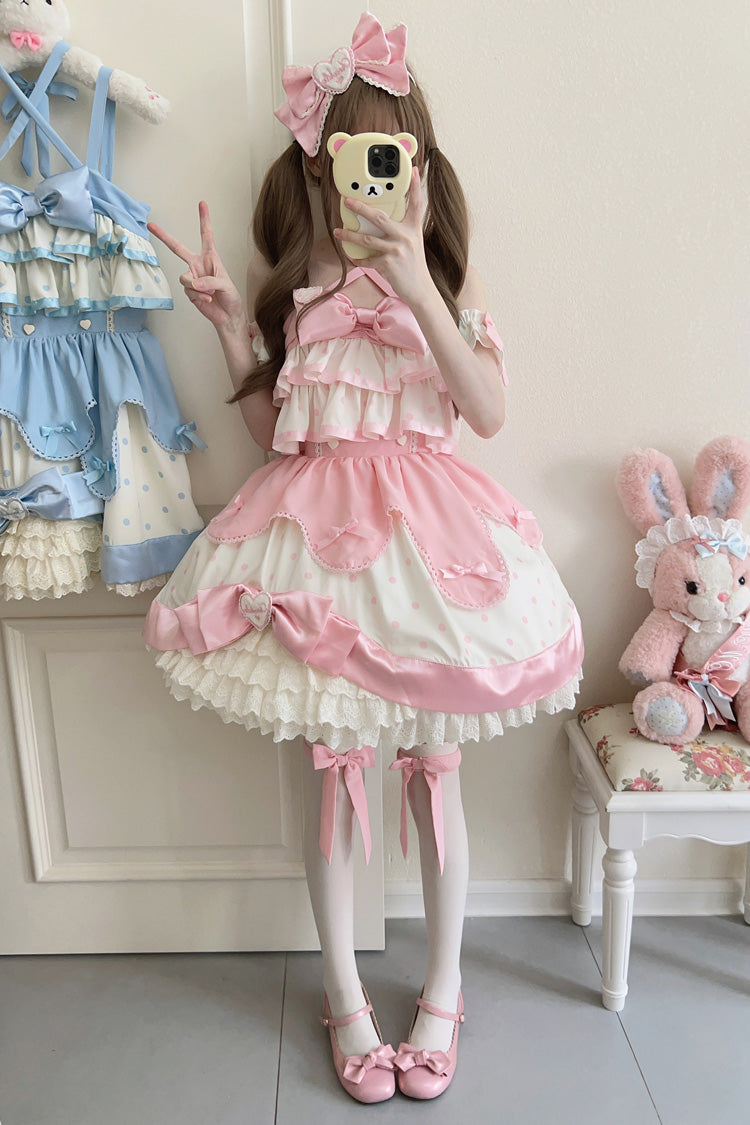 Pink Cream Multi-Layered Polka Dots Print Ruffle Bowknot Sweet Lolita Jsk Dress
