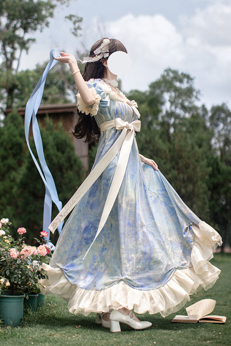 Blue Oil Painting Sun and Moon Poem Short Sleeves Print Ruffle Bowknot Sweet Princess Lolita Dress