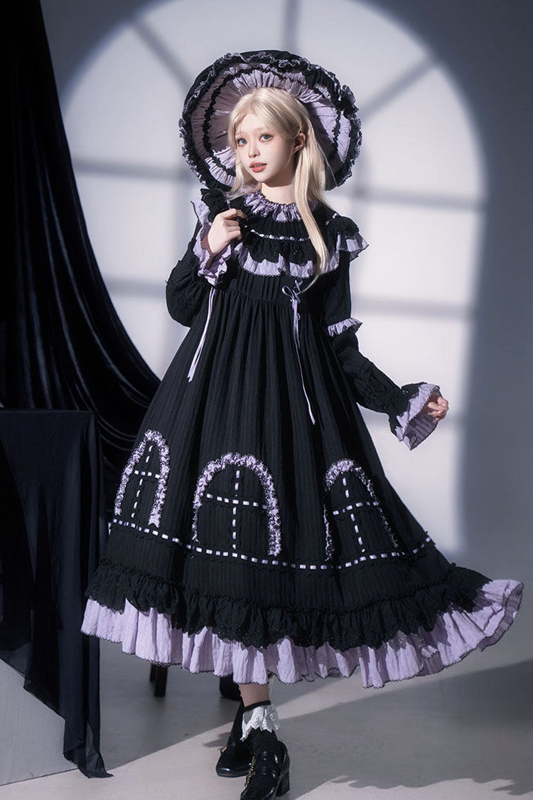 Black Twin Lilian Round Collar Long Sleeves Double-Layered Ruffled Bow Lace-Up Gothic Lolita Dress