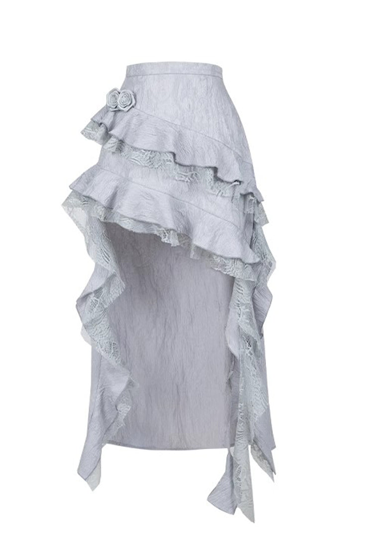 Silver Grey Twilight Ruffle Lace Irregular Gothic Witch Lolita Fishtail Skirt Set