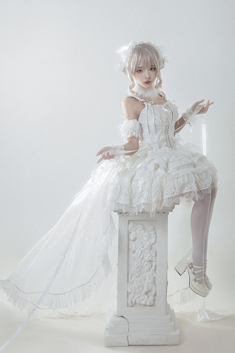 White Rose Memoirs Sleeveless Multi-Layered Bowknot Lace Sweet Lolita Skirt Set