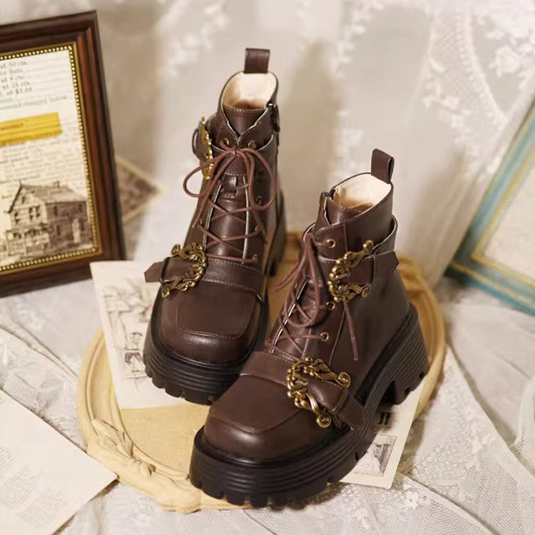 Vintage Accordion Knight Bowknot Chinese College Style Lolita Ankle Boots 2 Colors