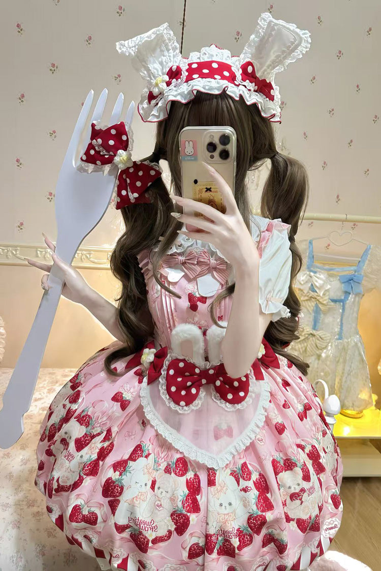 Cream Rabbit Strawberry Print Sleeveless Bowknot Sweet Lolita Jsk Dress 2 Colors