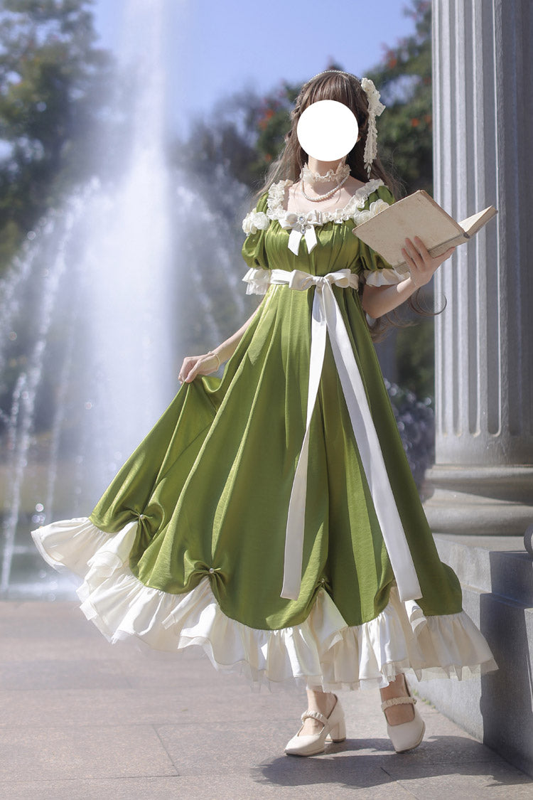 Green Square Collar Short Sleeves Ruffle Bowknot Sweet Regency-Style Vintage Lolita Dress