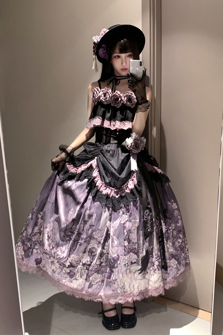 Black/Purple Angel Garden Sleeveless Print Ruffle Bowknot Lace Sweet Gothic Lolita Skirt Set