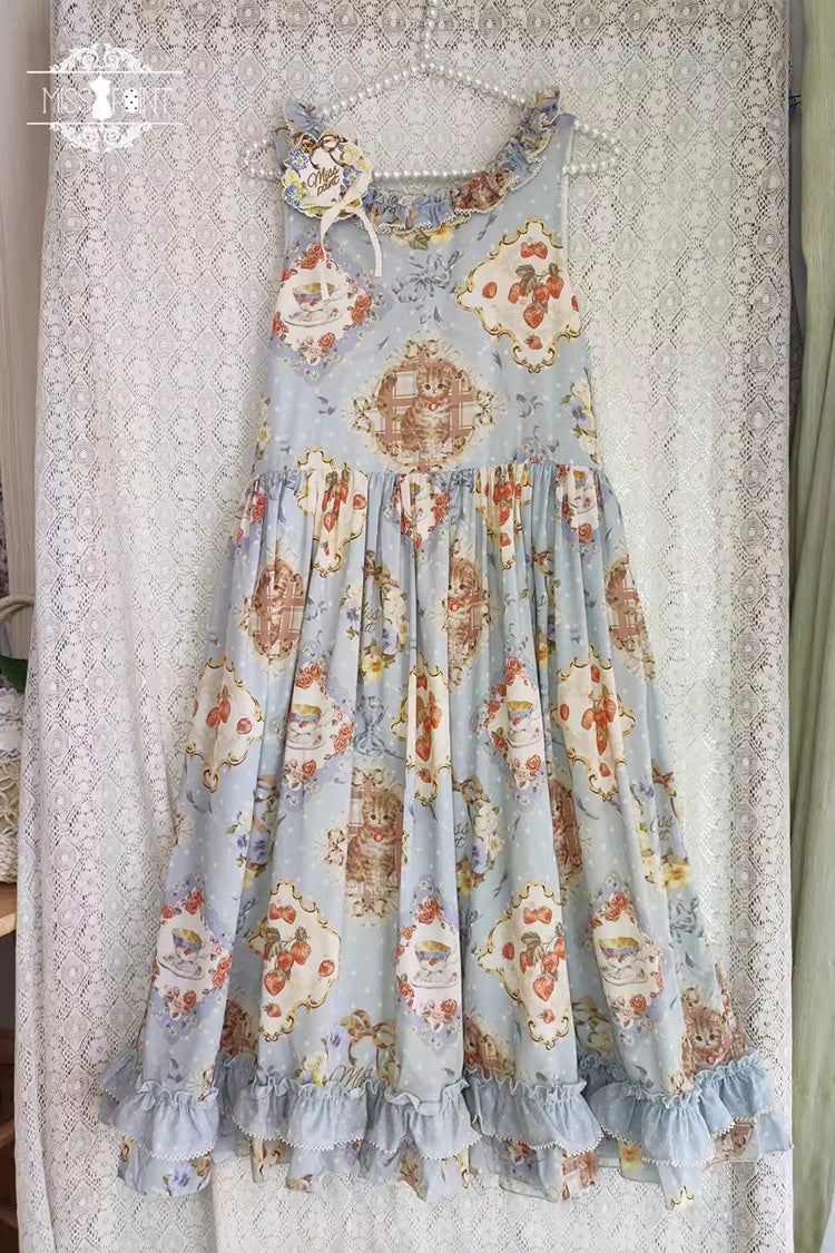 Cat Rose Tea Sleeveless Print Ruffle Bowknot Sweet Lolita Jumper Dress Version2 3 Colors