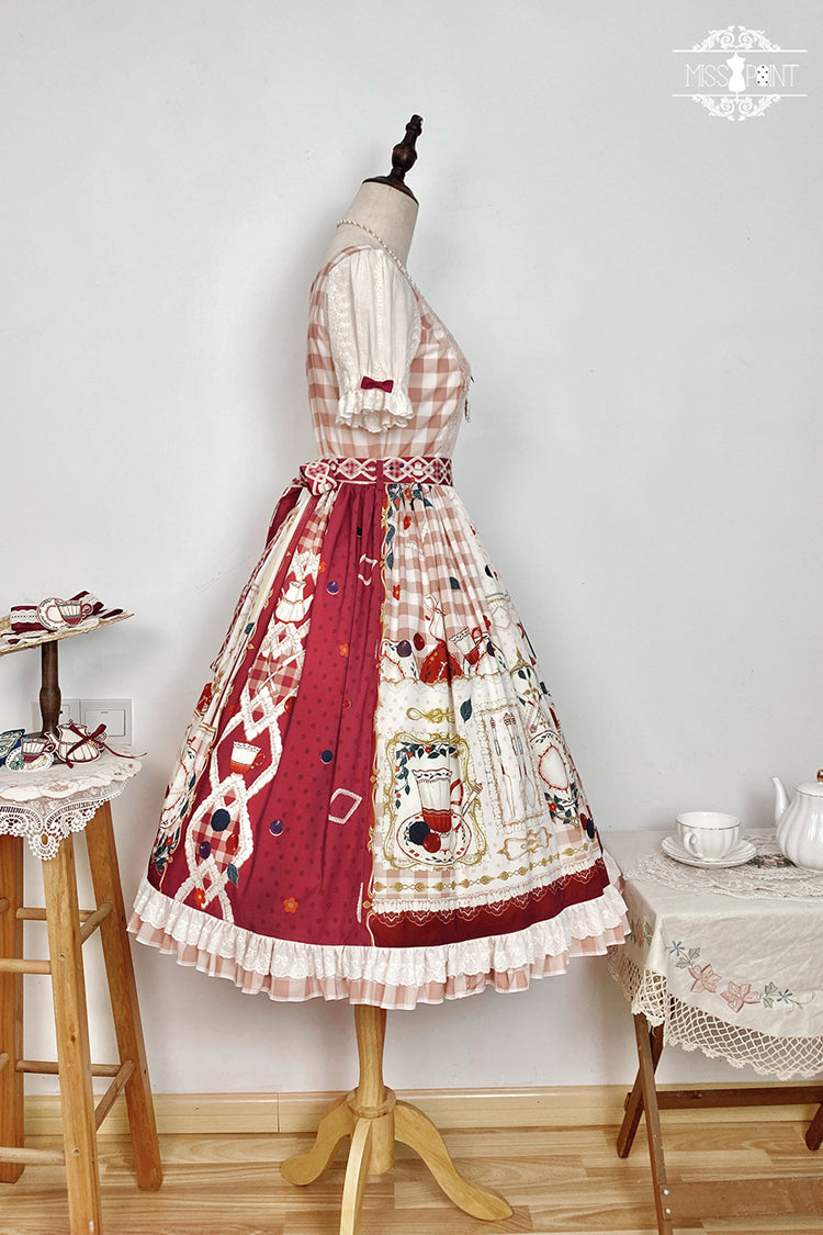 Red Tea Party Short Sleeves Print Ruffle Bowknot Lace Sweet Elegant Lolita Dress