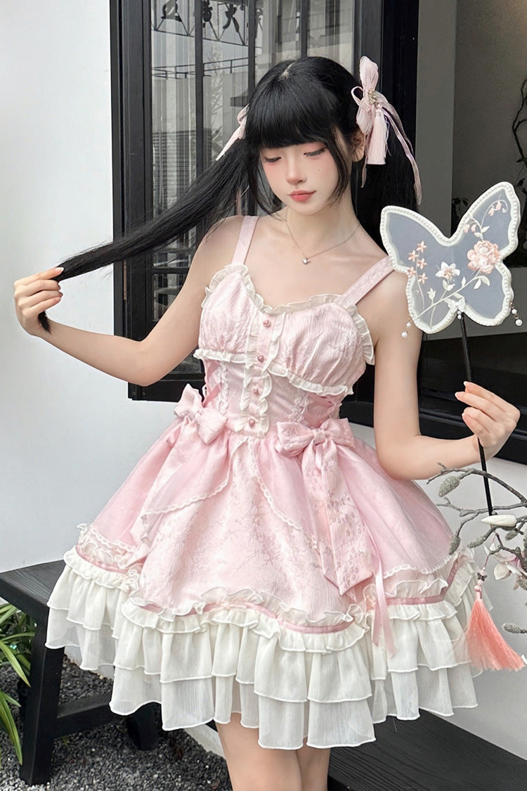 Pink Spring Flower Notes Ruffle Bowknot Lace Sweet Princess Lolita Jsk Dress