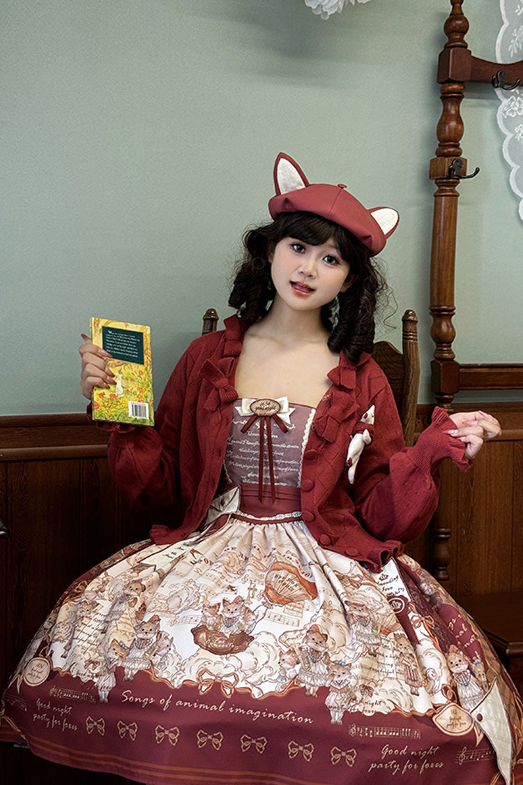 Wine Red Fox Band Print Square Collar Bowknot Classic Lolita Jumper Dress