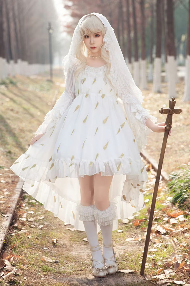 Feather Snowflake Embroidery Print Sleeveless Ruffle Bowknot Sweet Lolita Jsk Dress 3 Colors