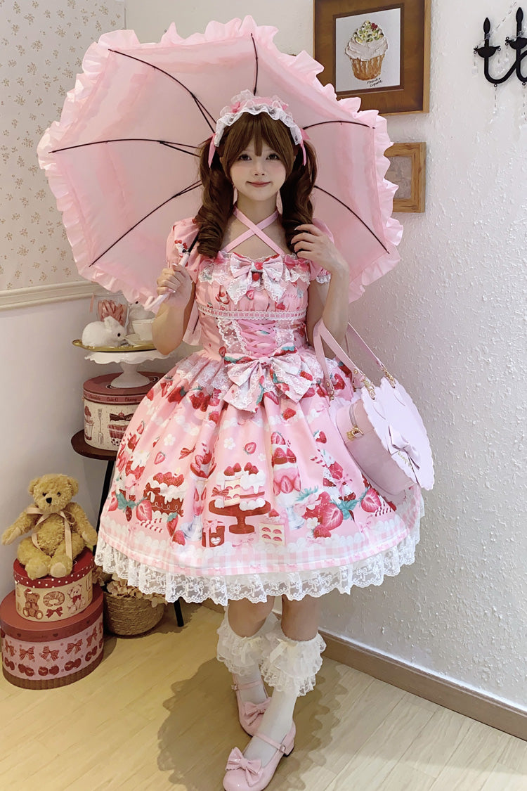 Pink Strawberry Parfait Print Short Sleeves Ruffle Bowknot Lace Lace-Up Sweet Lolita Dress