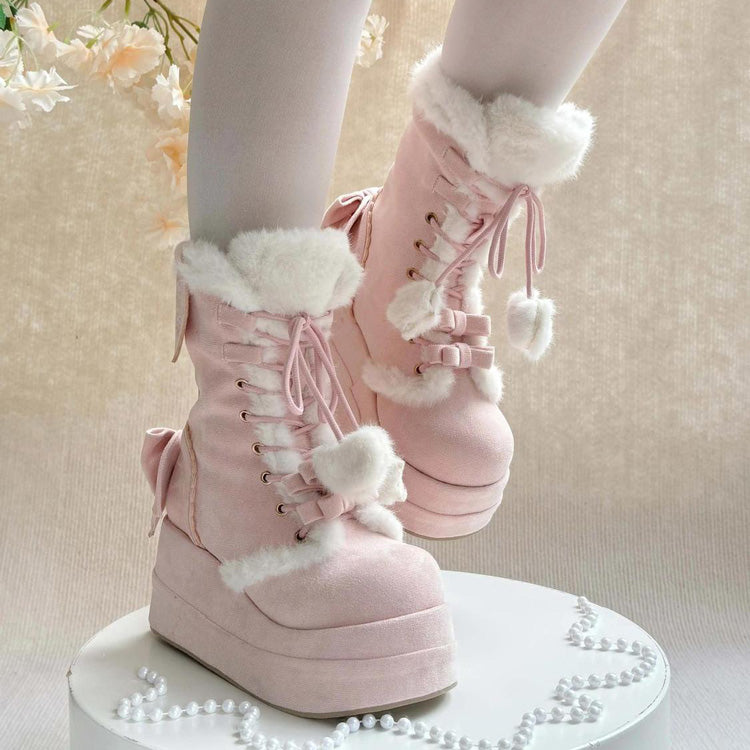 Pink Cute Platform Thick-Soled Bowknot Lace-Up Sweet Lolita Plush Boots