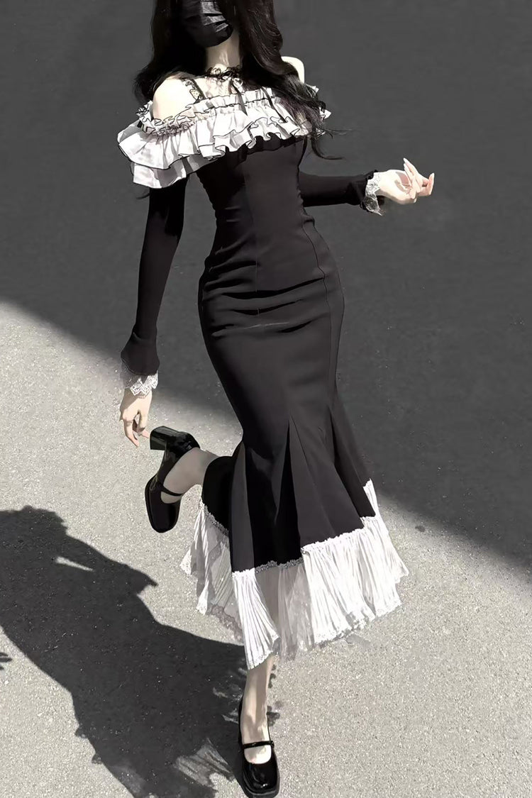 Black Night Cherry Blossoms Long Sleeves Ruffle Bowknot Daily Sweet Elegant Lolita Fishtail Dress