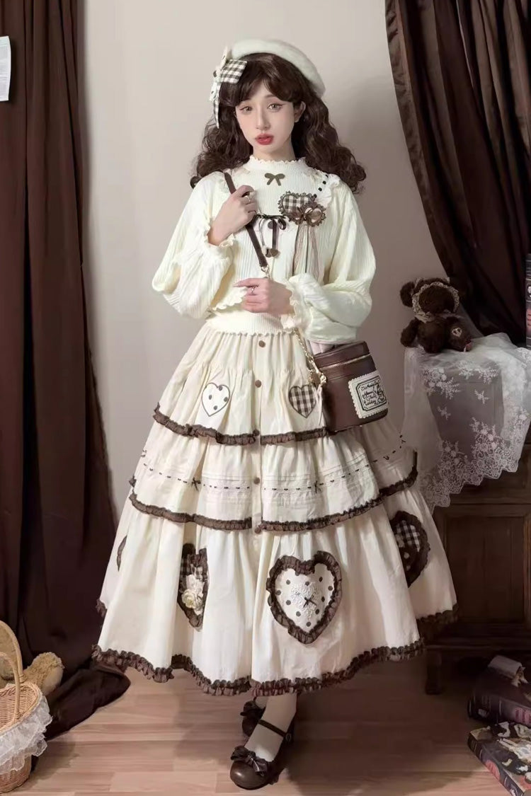 Ivory Lovely Heart Triple-Layered Ruffle Embroidery Bowknot Sweet Elegant Lolita Skirt