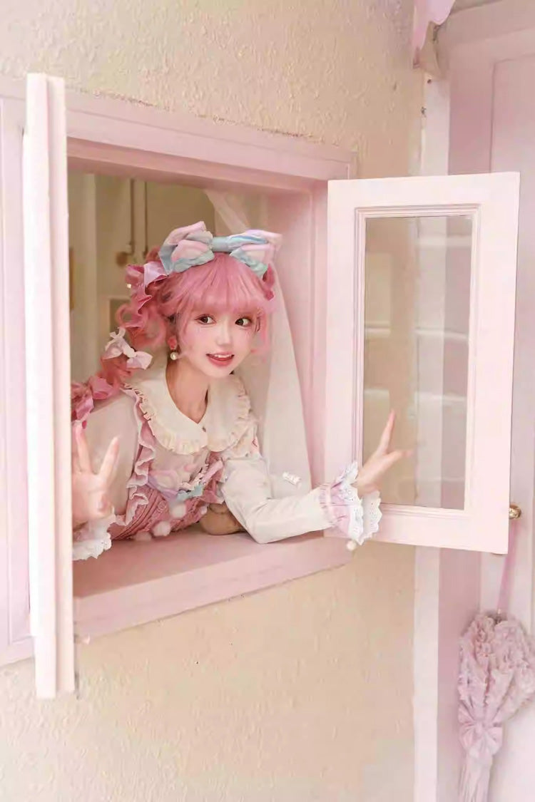 White/Pink Little Fox Multi-layer Ruffle Bowknot Long Sleeves Sweet Lolita Dress