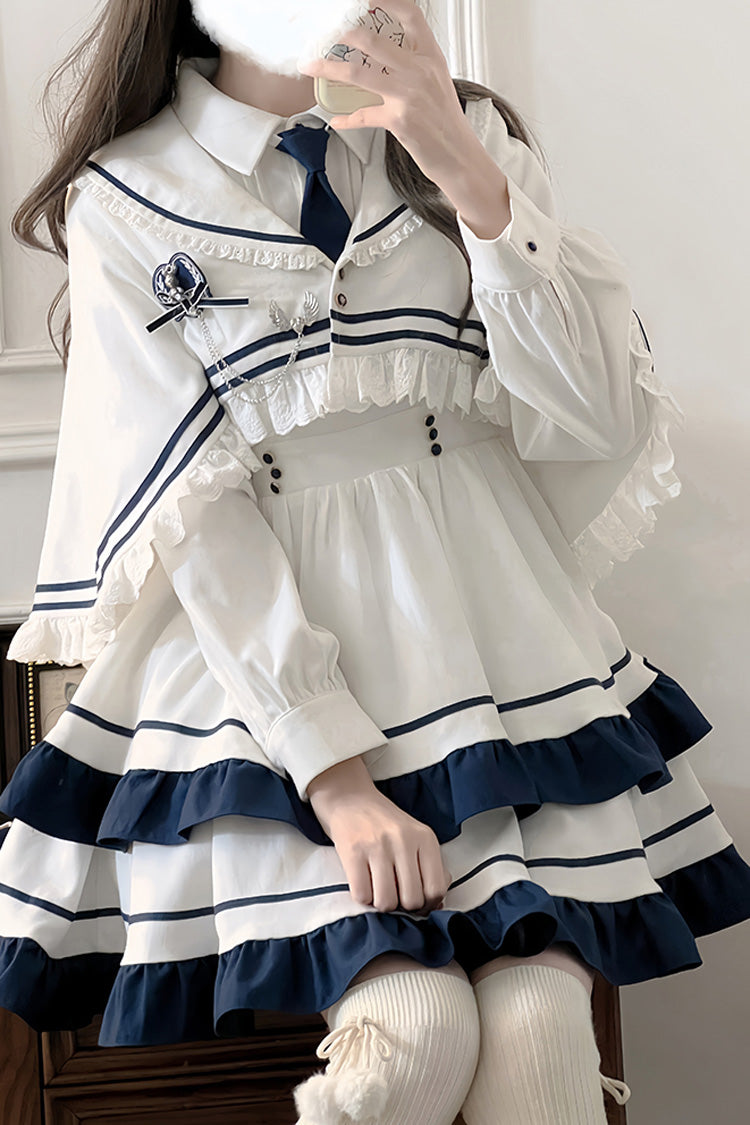 White Long Sleeves Double-Layered Ruffle Sweet College Style Lolita Dress