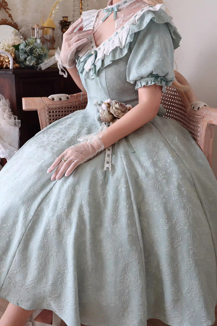 Green Short Sleeves Ruffle Bowknot Sweet Princess Lolita Dress