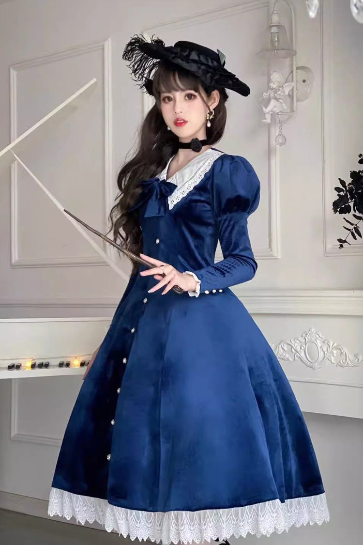Vintage Lapel Collar Long Sleeves Ruffle Bowknot Elegant Lolita Dress 3 Colors
