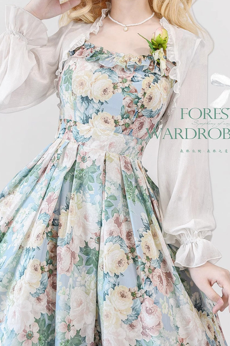 Multi-Color Forest Basket Green Field Flowers Print Bowknot Sweet Elegant Lolita Jsk Dress