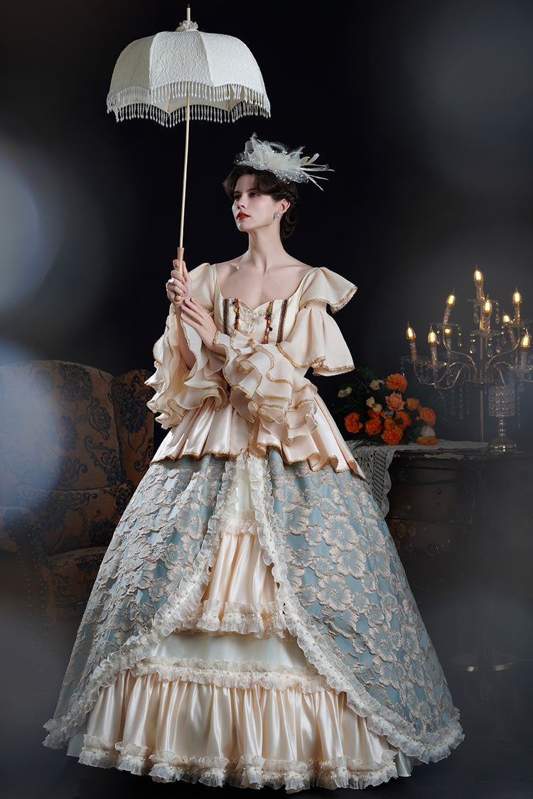Blue/Champagne Half Trumpet Sleeves Ruffle Embroidery Cardigan Lace Classic Princess Palace Lolita Victorian Dress