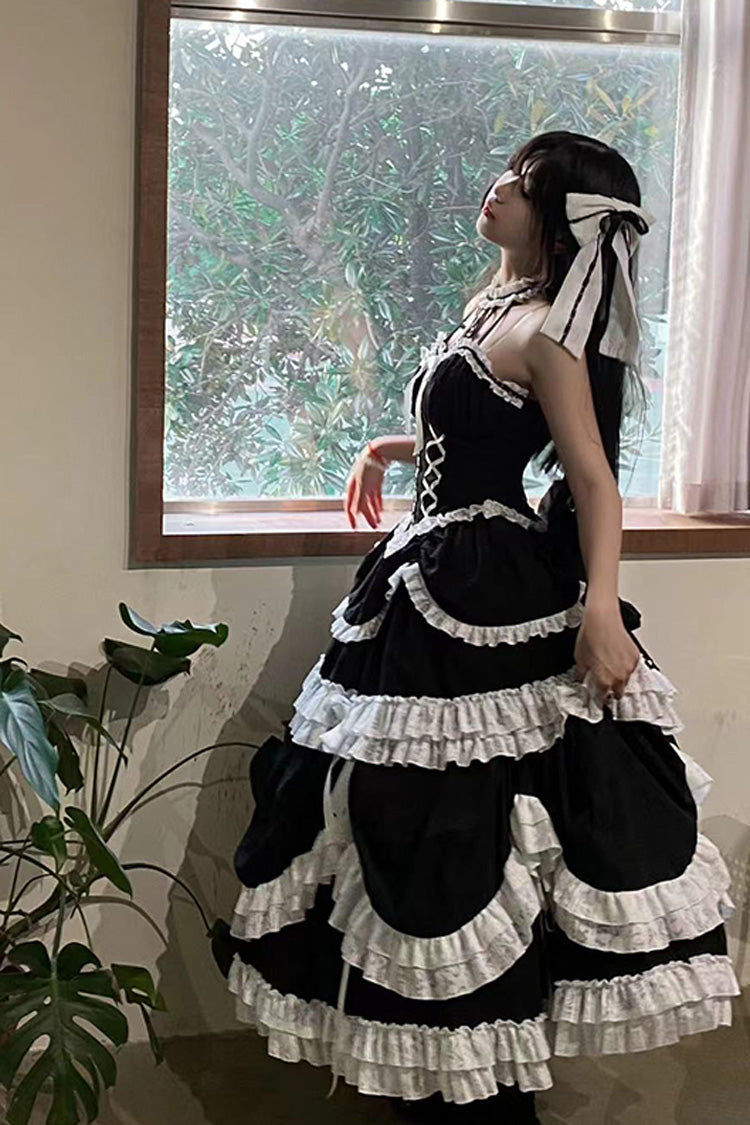 Black Cross Halterneck Ruffle Bowknot Lace Lace-Up Princess Gothic Lolita Dress