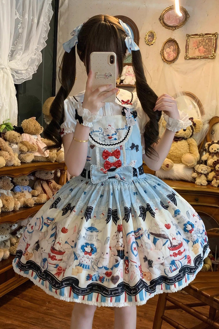 Blue Mystery Rabbit Tea Party Sleeveless Print Bowknot Lace Sweet Lolita Strap Dress