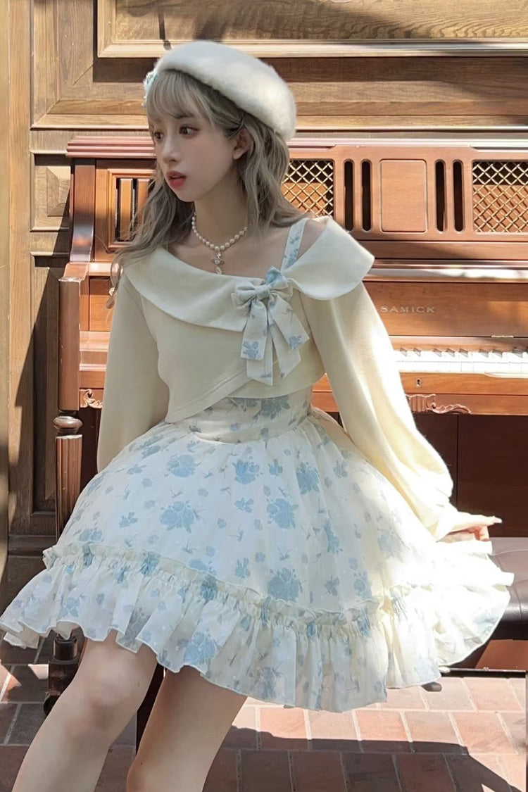 Blue Oblique Shoulder Print Ruffle Bowknot Lace Sweet Lolita Jsk Dress Set