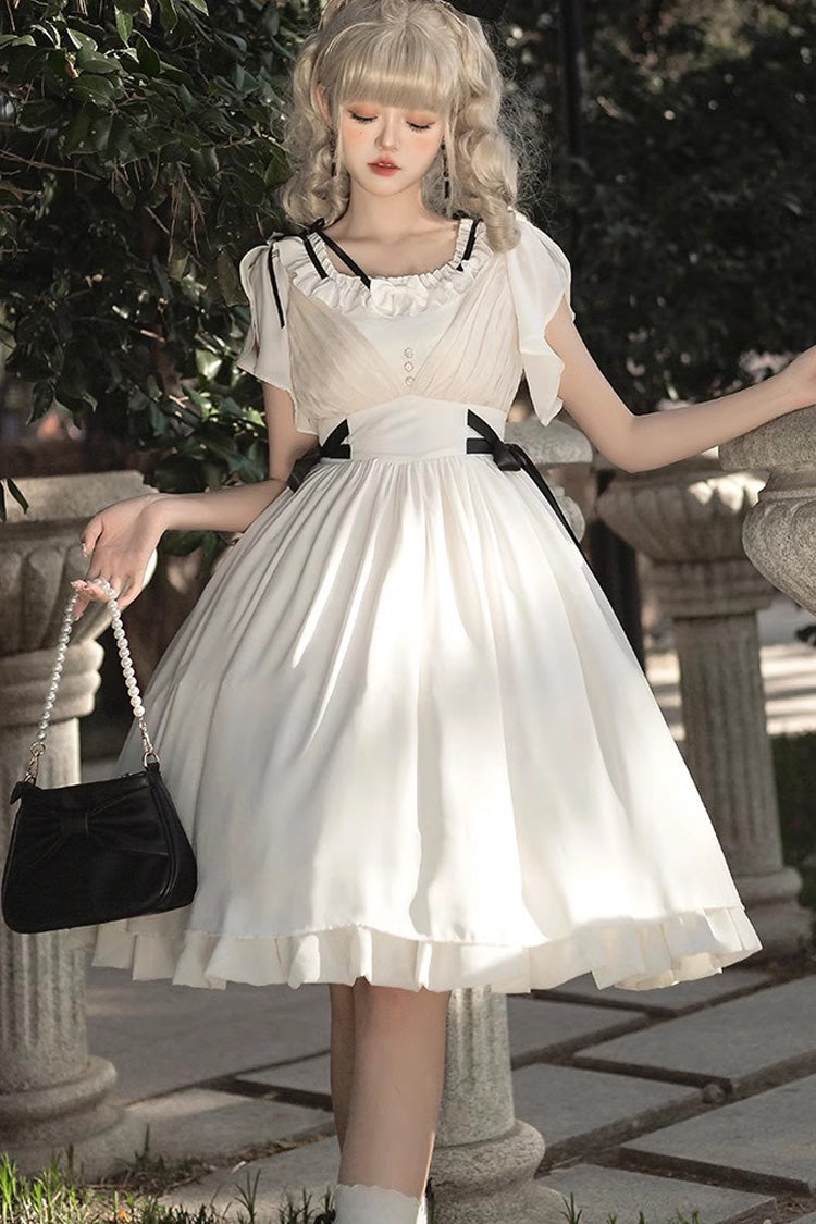 White Moonlight March Chiffon Short Sleeves Ruffle Sweet Lolita Dress