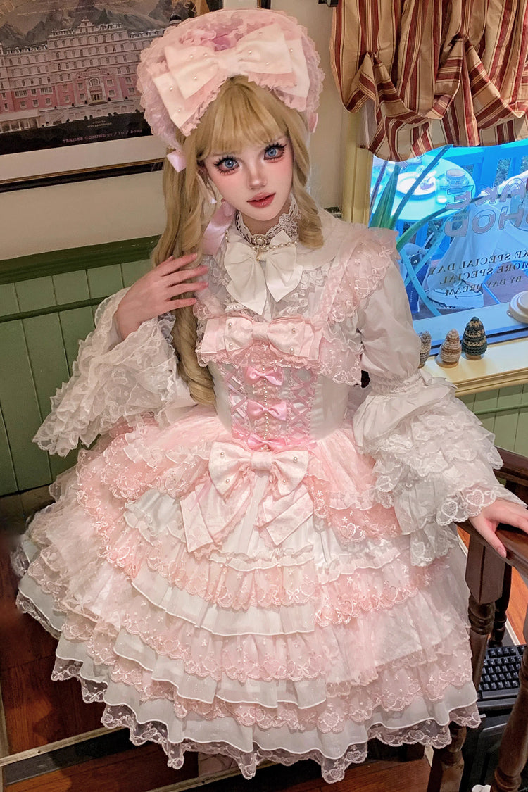 Pink/White Love Overture Multi-Layered Ruffle Bowknot Lace Sweet Lolita Jsk Dress