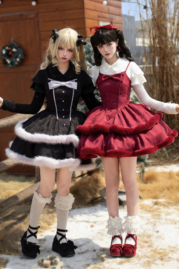 Winter's Wish Double-Layered Jacquard Bowknot Furry Sweet Lolita Jsk Dress 2 Colors