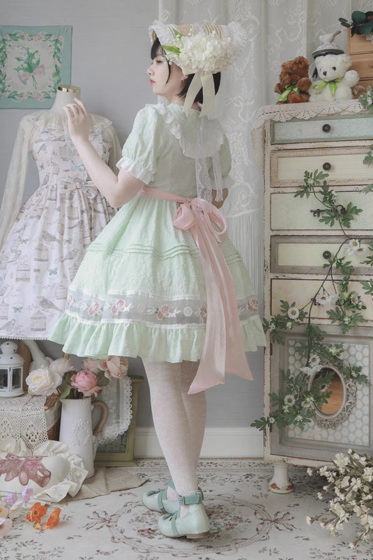 Green Short Sleeves Rose Print Ruffle Bowknot Sweet Lolita Dress